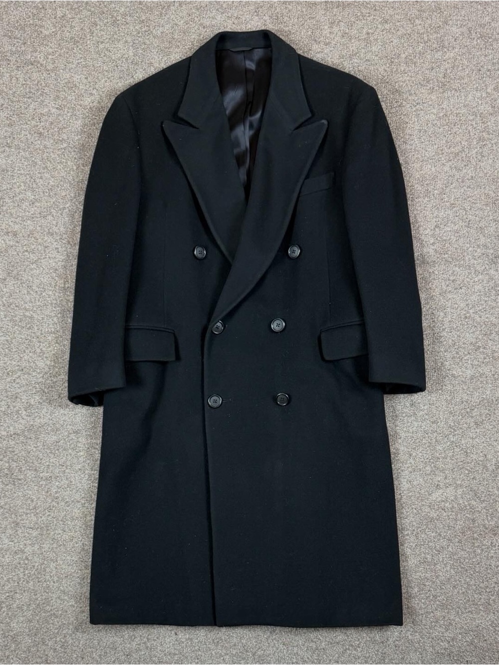 Vintage Saks Fifth Avenue Black Long Double Breasted Wool Coat Men’s L Overcoat